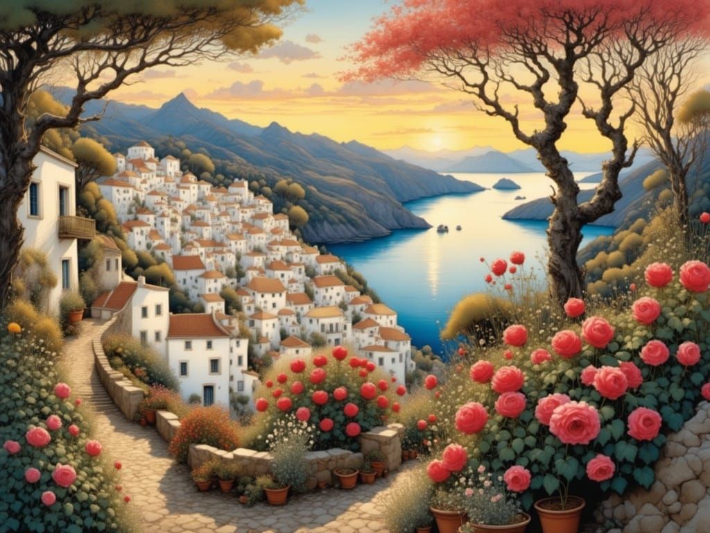 Santorini Fishing Village: Intricate Fantasy Art