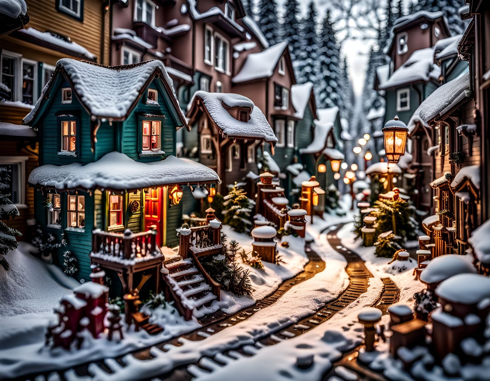 Mystical Winter Neighborhood with Intricate Machineries