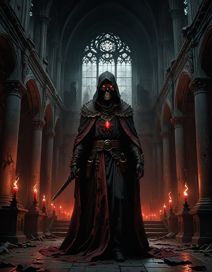Gothic Horror Zombie in Dimly Lit Cathedral
