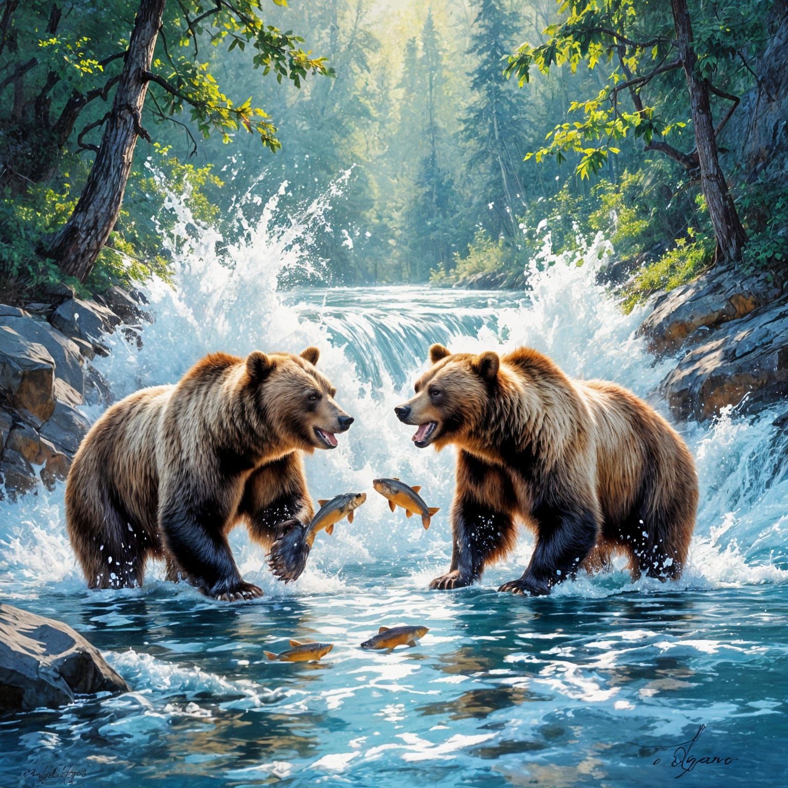 Bears Fishing for Salmon in a Rushing River