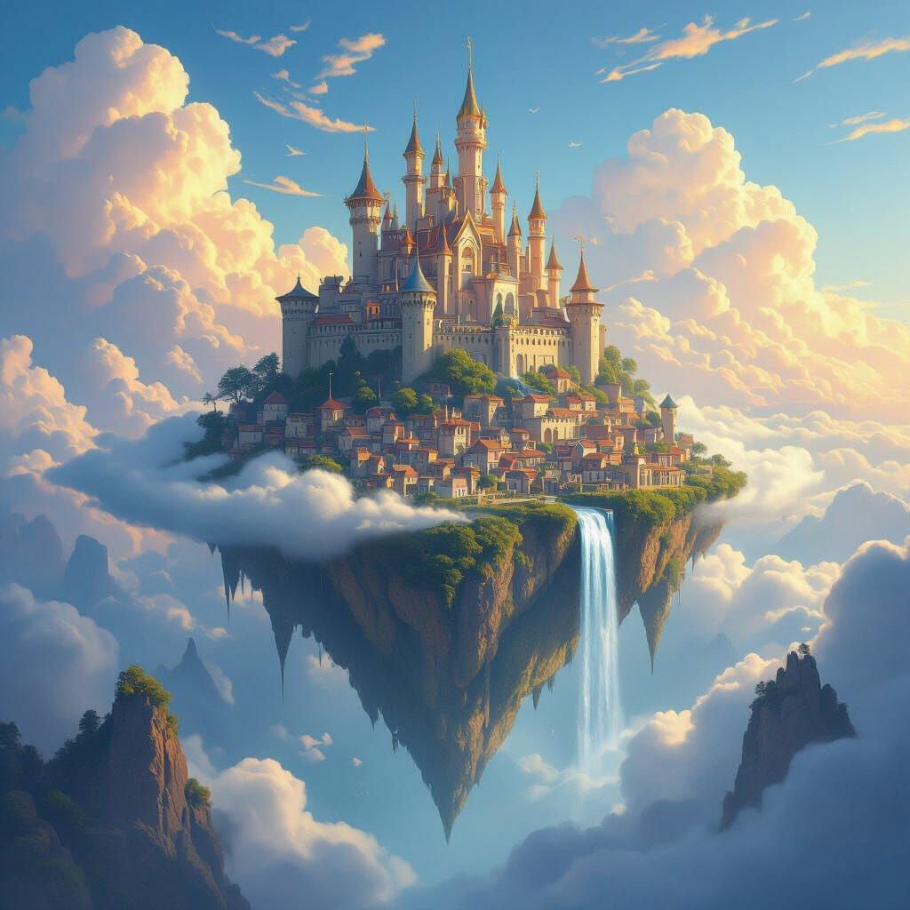 Floating Island Castle and Town in Vibrant Sky