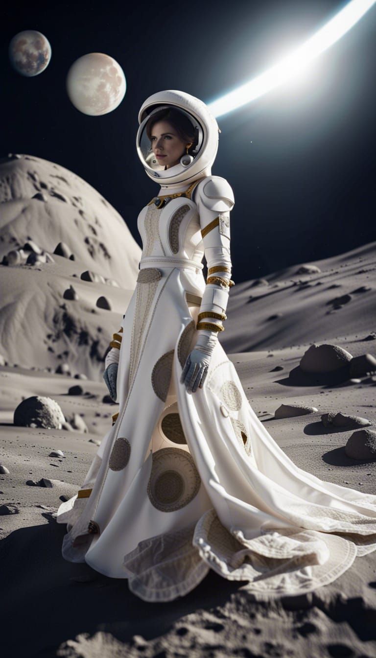 Bride in Spacesuit Wedding Gown on the Moon