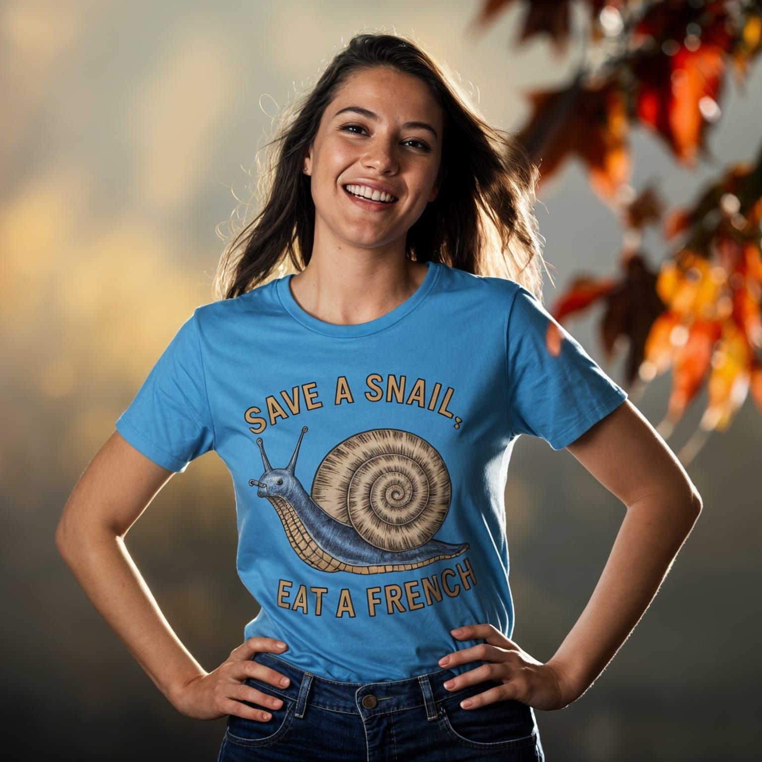 Confident Woman with Snail Illustration T-Shirt
