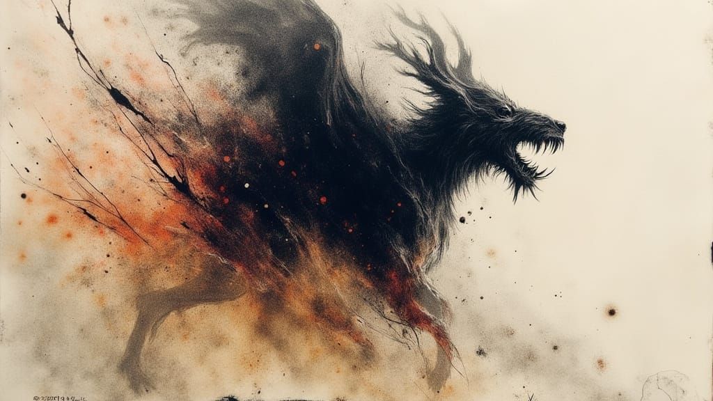 Diabolical Wolf Emerging from Encaustic Casement