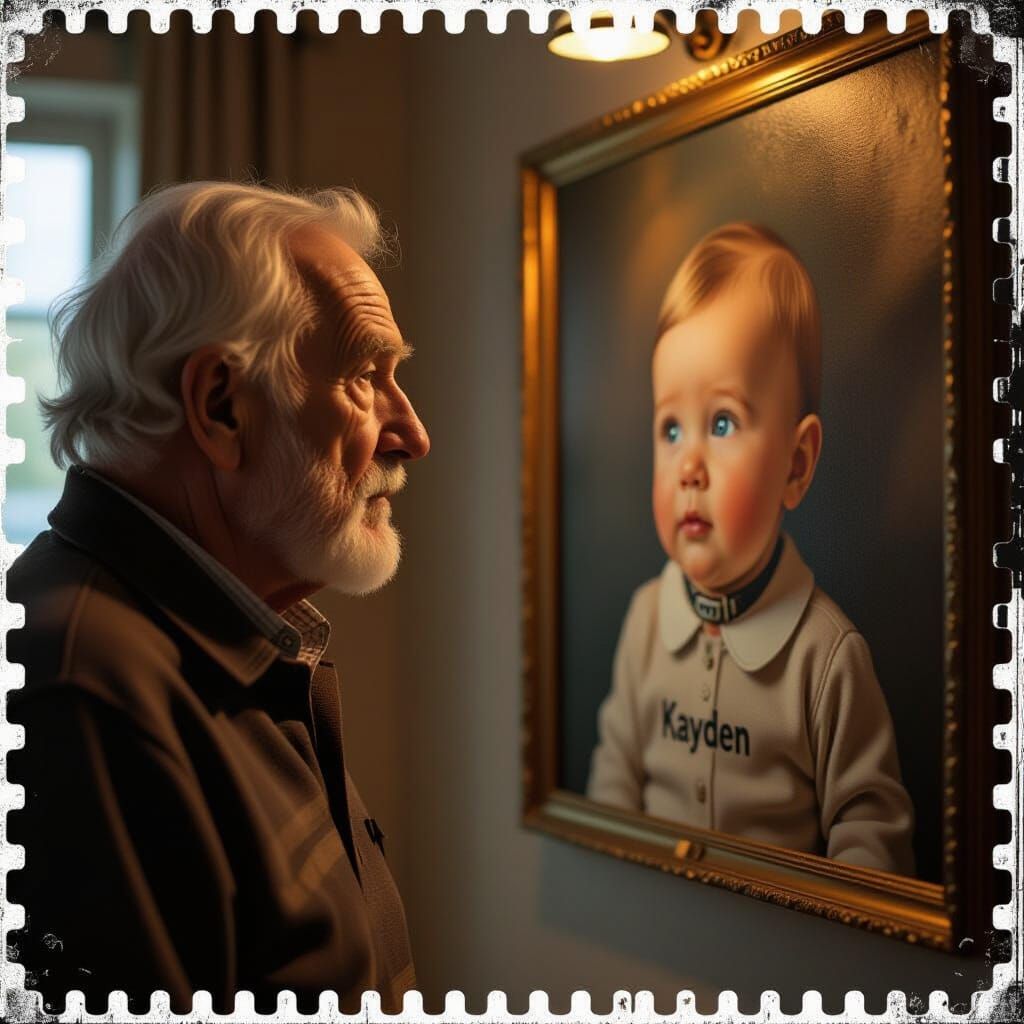 Elderly Man Gazes at Infant Painting, Both Wear "Kayden" Col...