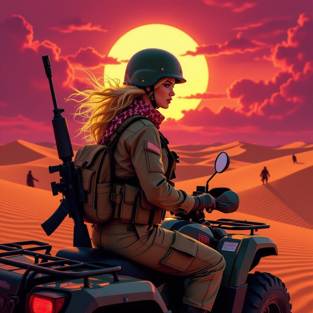 Dark Fantasy Sahara Quad Rider in Cinematic Style
