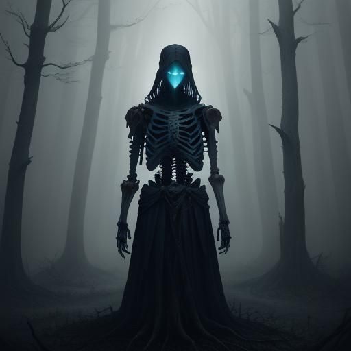 Skeleton in Desolate Forest Dark Fantasy Illustration