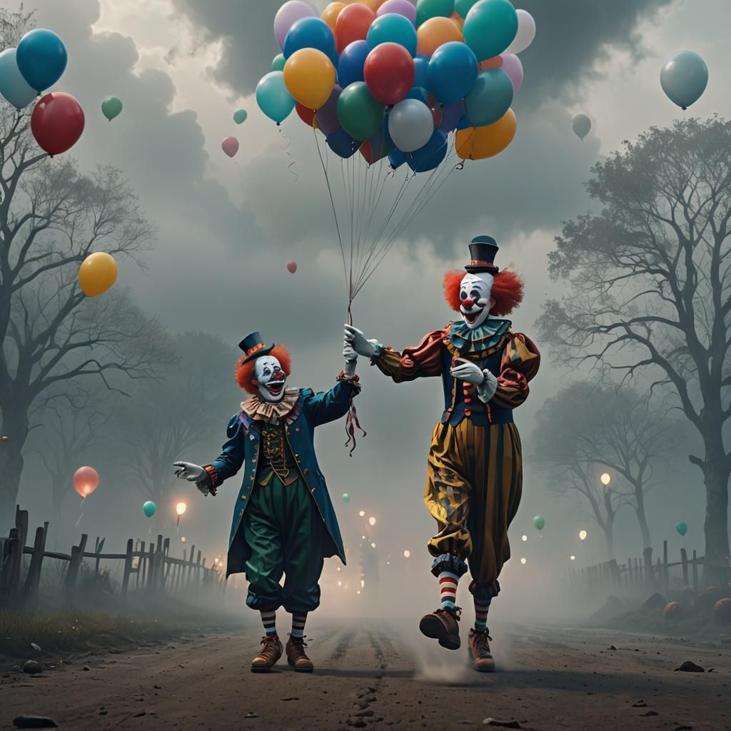 Clown with Balloon in Fog: Detailed Matte Painting