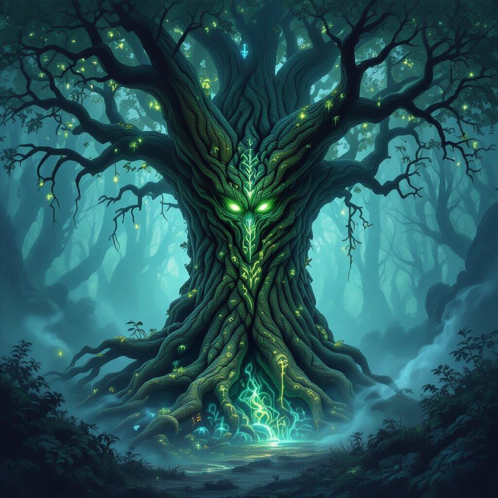 Ancient Tree Spirit in Bioluminescent Forest