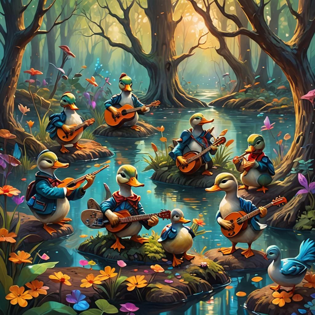 Whimsical Ducks' Forest Concert in Oil Painting Style