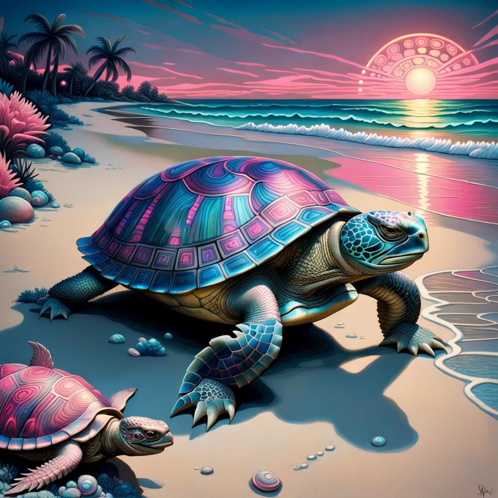 Neon Turtle Walks Iguana on Neptune, in Aetherpunk Style
