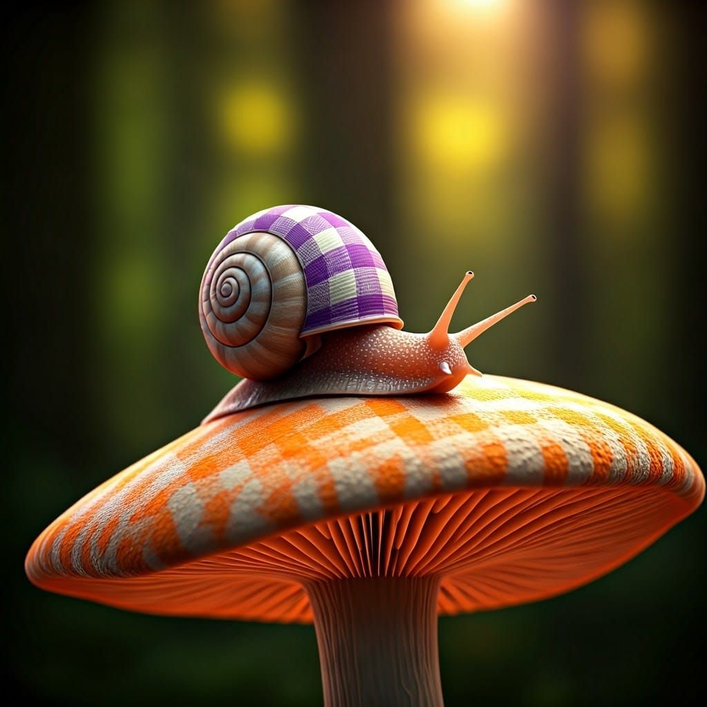 Gingham Snail on Vibrant Mushroom in Whimsical Forest