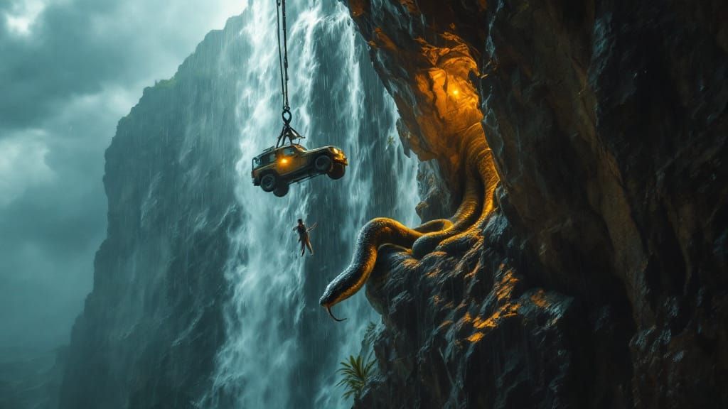 Jeep Over African Cliff with Man and Python Attack