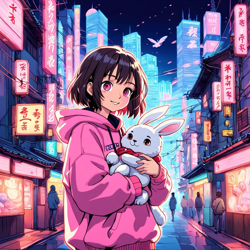 Charming Anime Girl in Vibrant Cityscape
