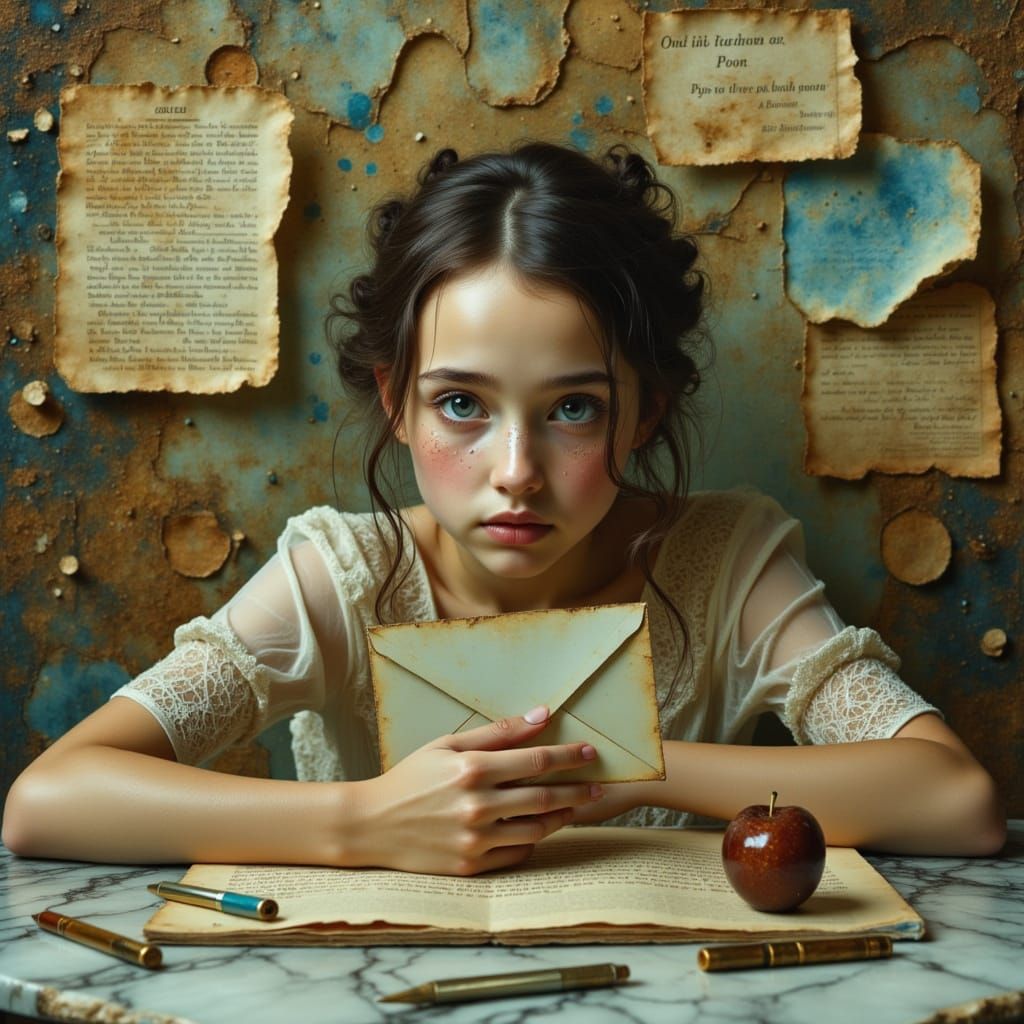 Sad Woman with Envelope Portrait in Dreamy Style