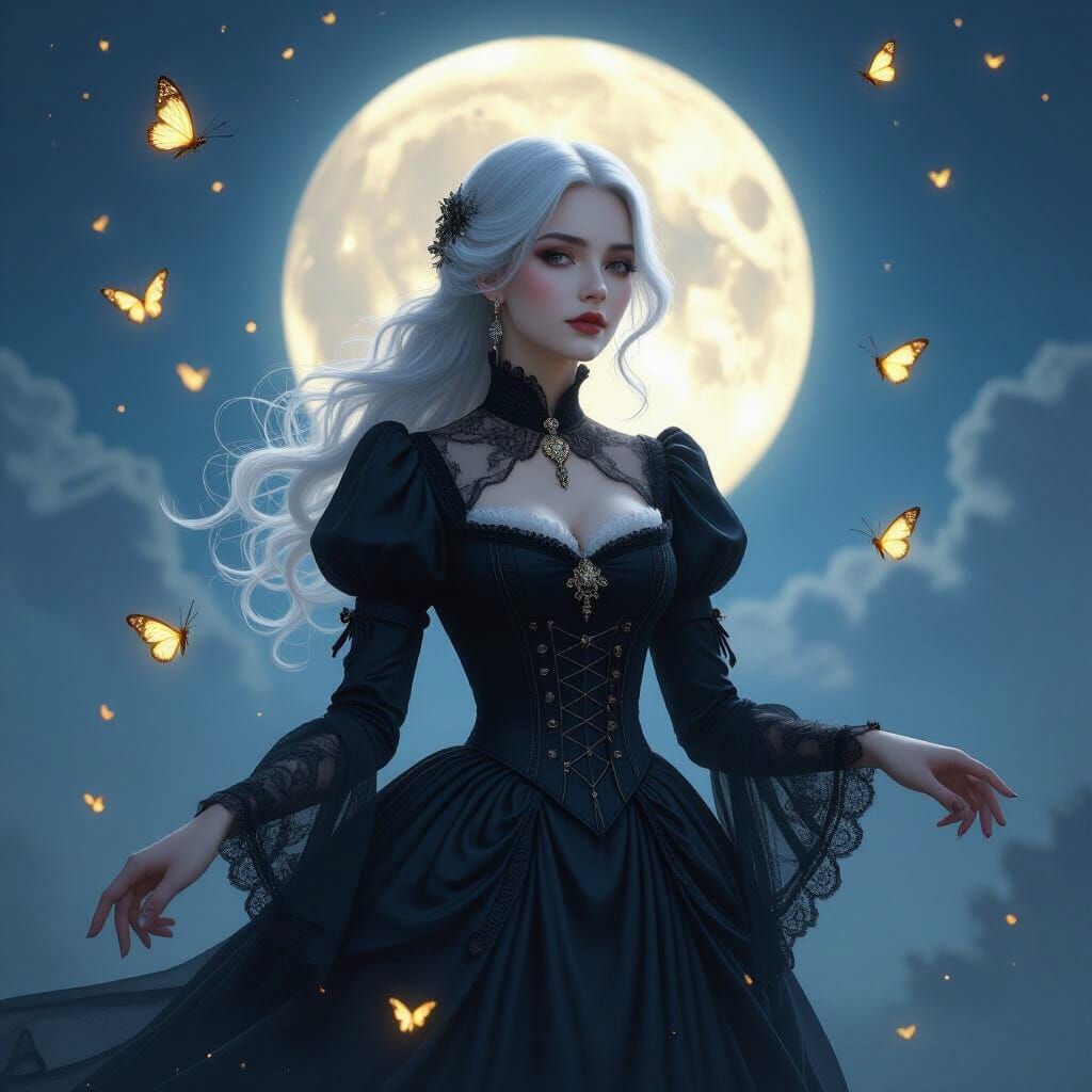 Mysterious Victorian Woman Under Moonlit Sky