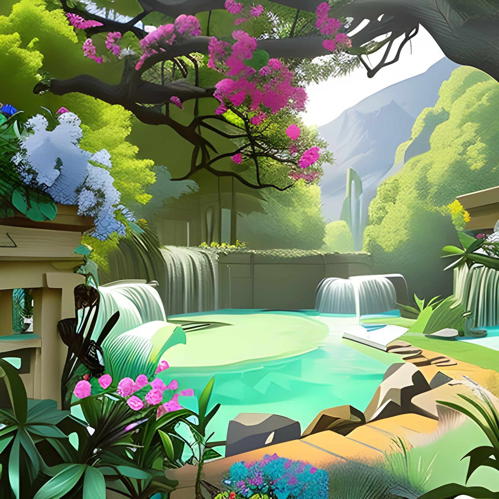 Blooming Tranquil Garden: Hyper-Realistic Digital Art