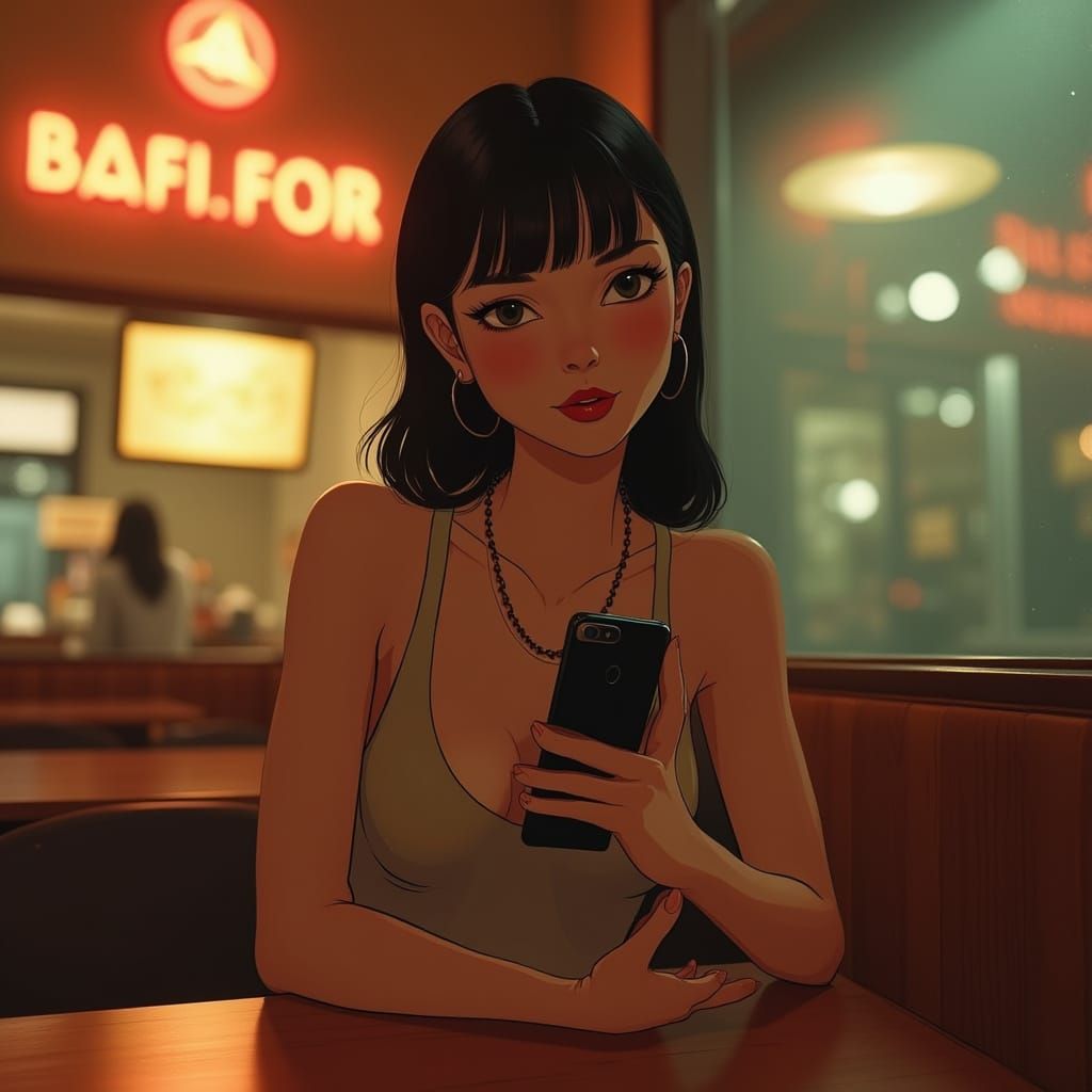 Woman with Nokia Phone in Retro-Futuristic Cafe