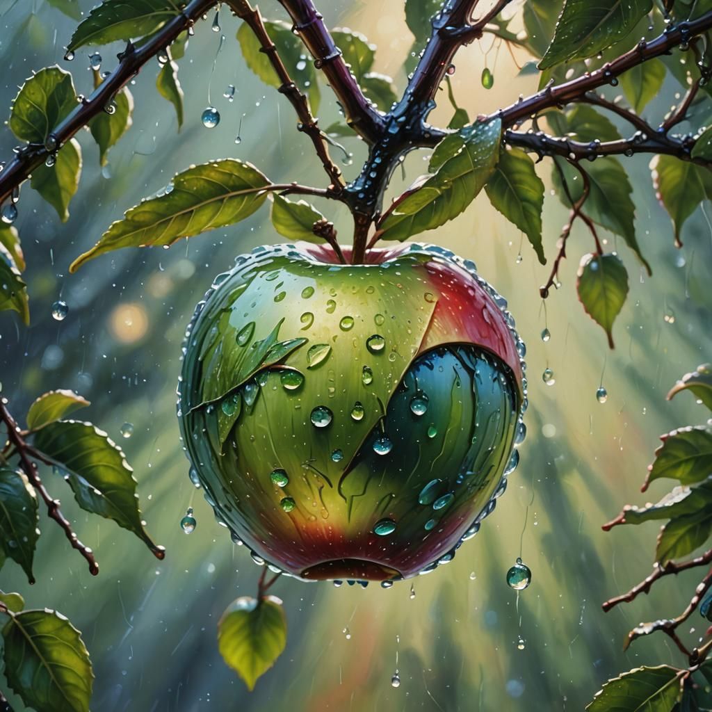 Dew-Covered Earth Apple: Hyperrealistic Oil Painting