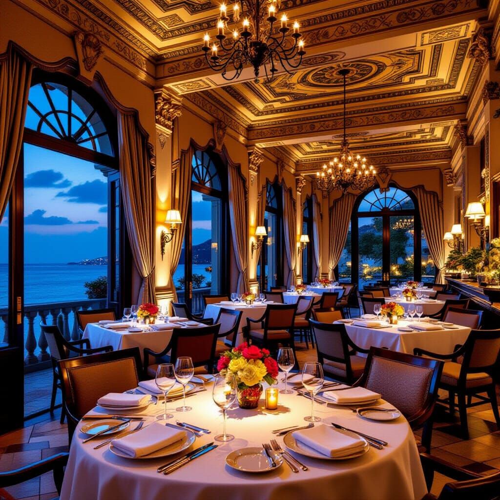 Romantic Italian Restaurant with Ocean View, Impressionist S...
