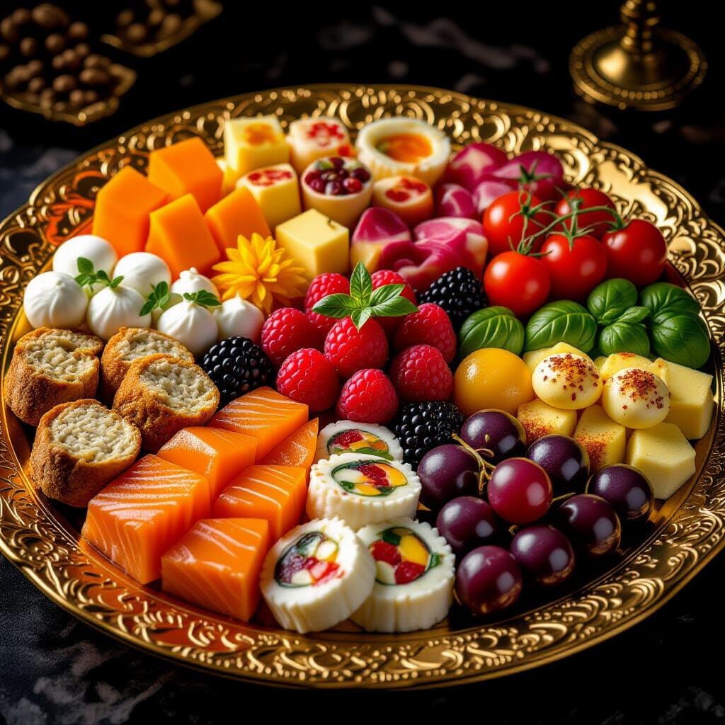 Gourmet Food Spread on Ornate Golden Plate