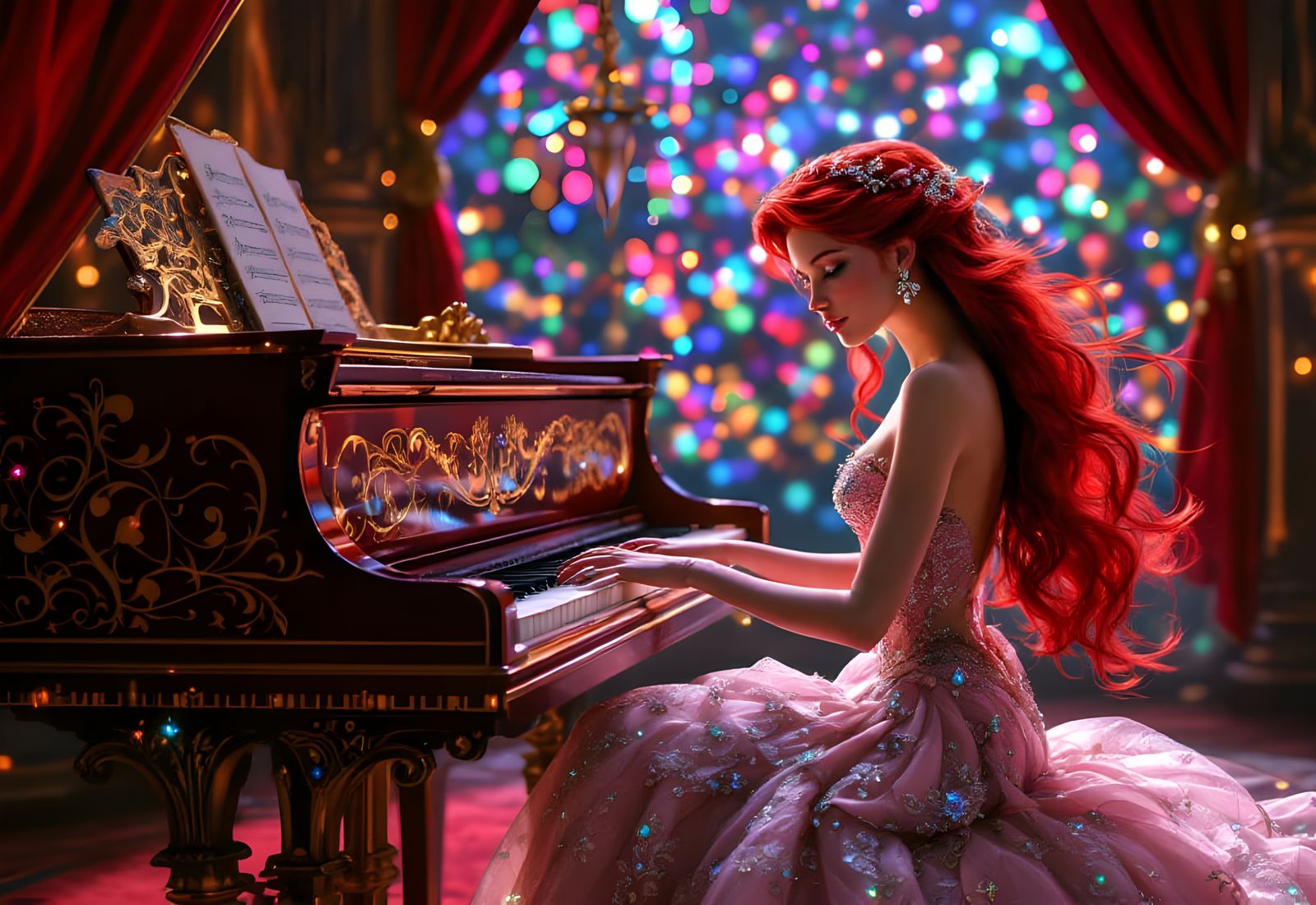 Princess Ariel at Enchanted Piano, Digital Art