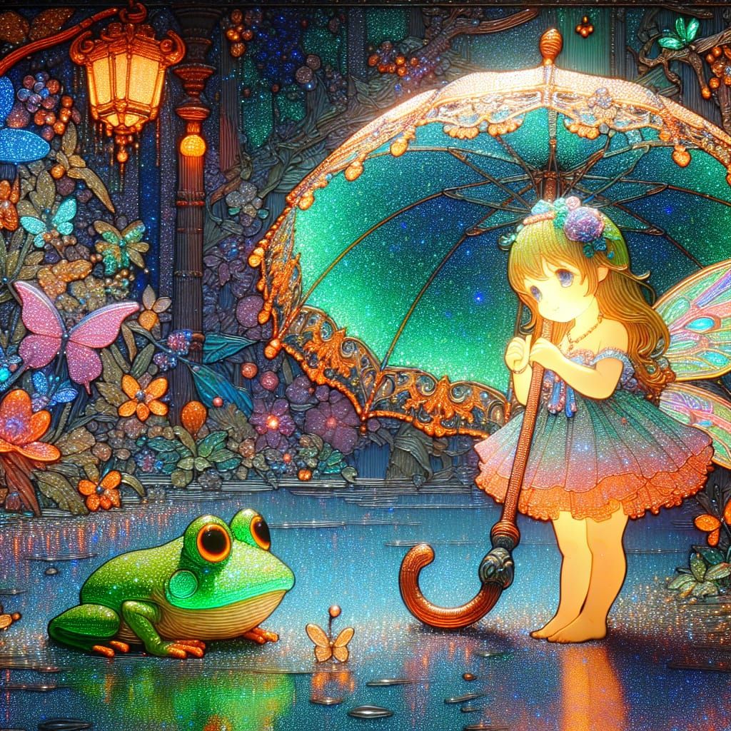 the umbrella fairy, frog, studio Ghibli, vibrant neon colors...