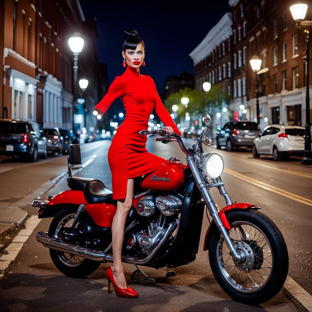 Supermodel on Motorcycle Rides Through Cambridge at Night
