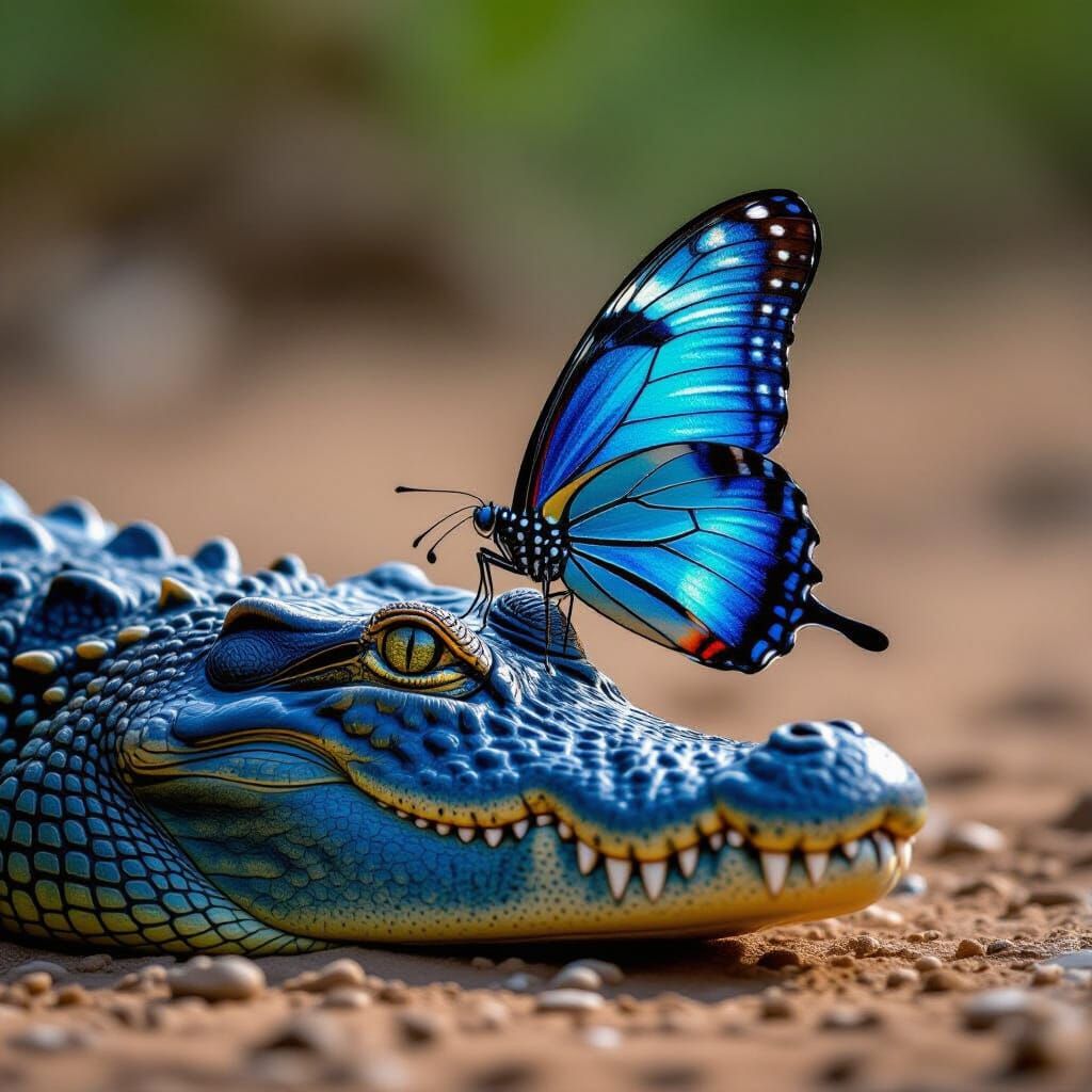 Butterfly Landing on Crocodile: Photorealistic Macro
