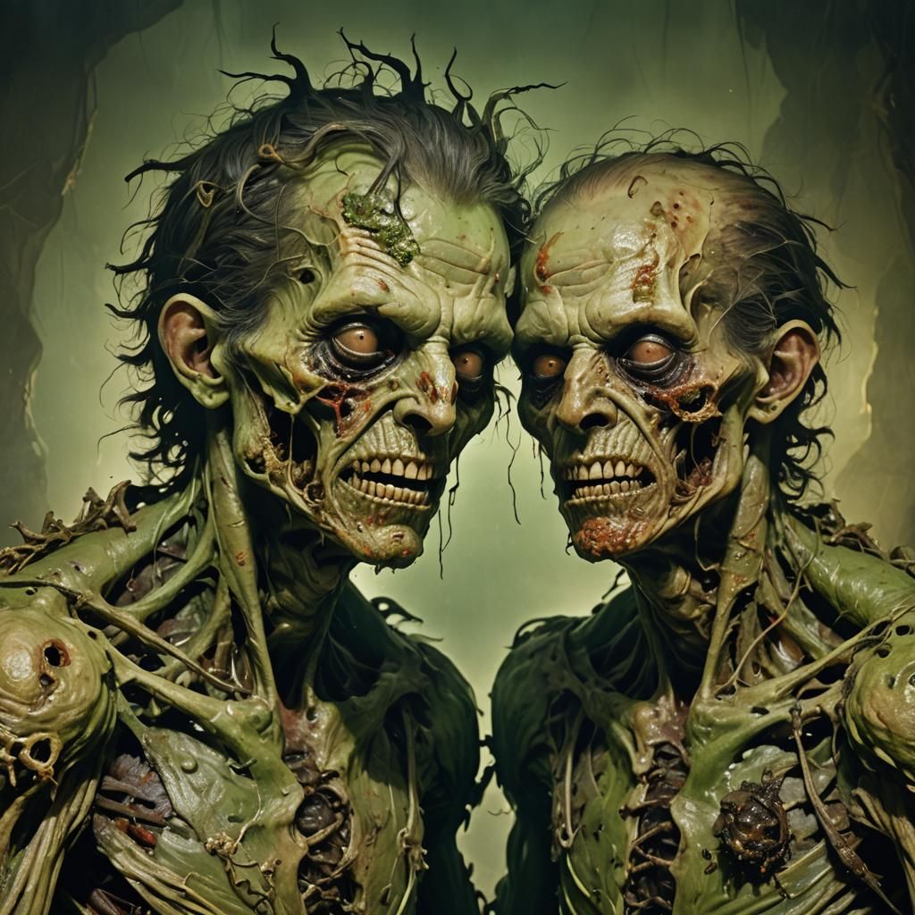 Diseased Conjoined Zombie Twin Portrait in Baroque Style