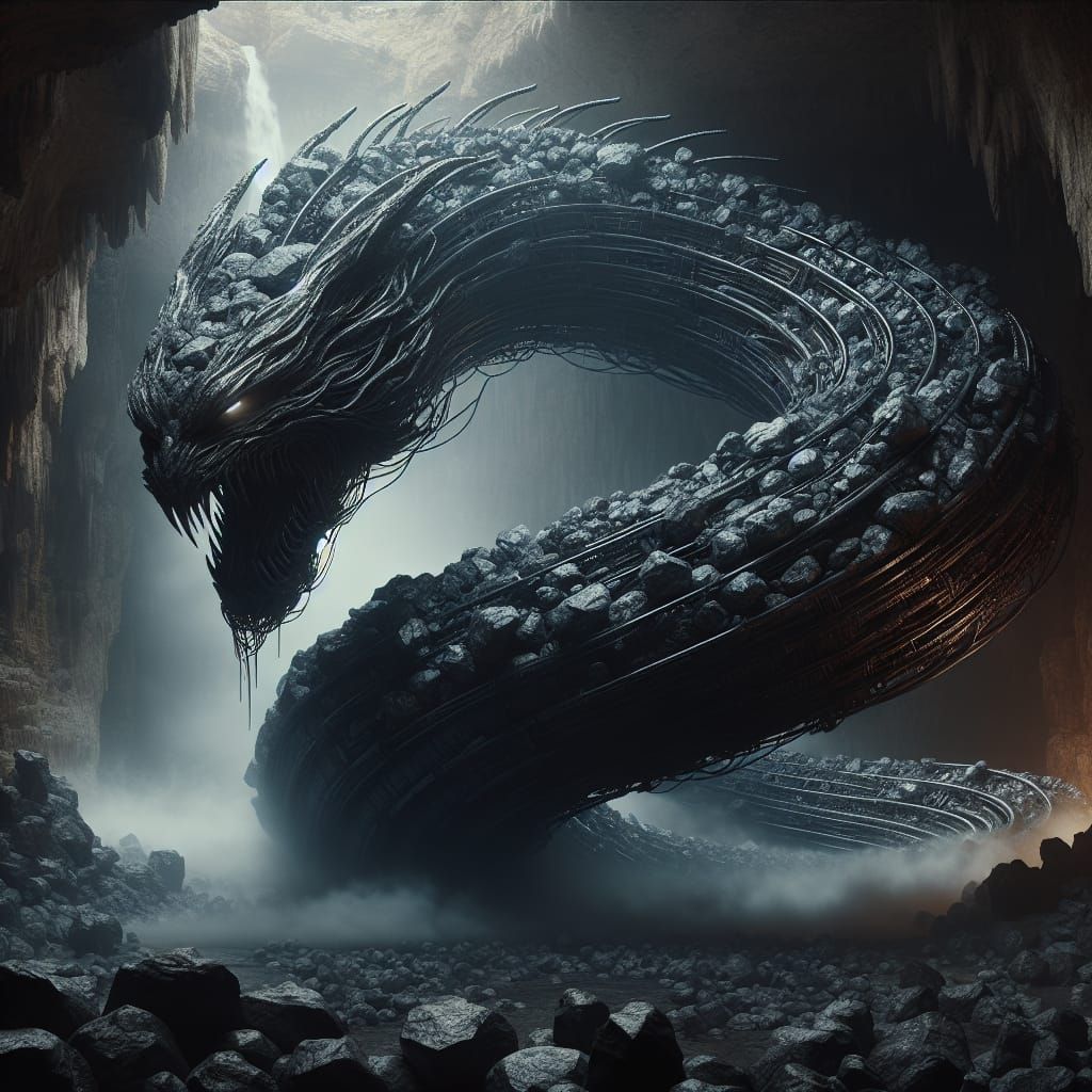 Steel Boulder Snake in Cave: Digital Art
