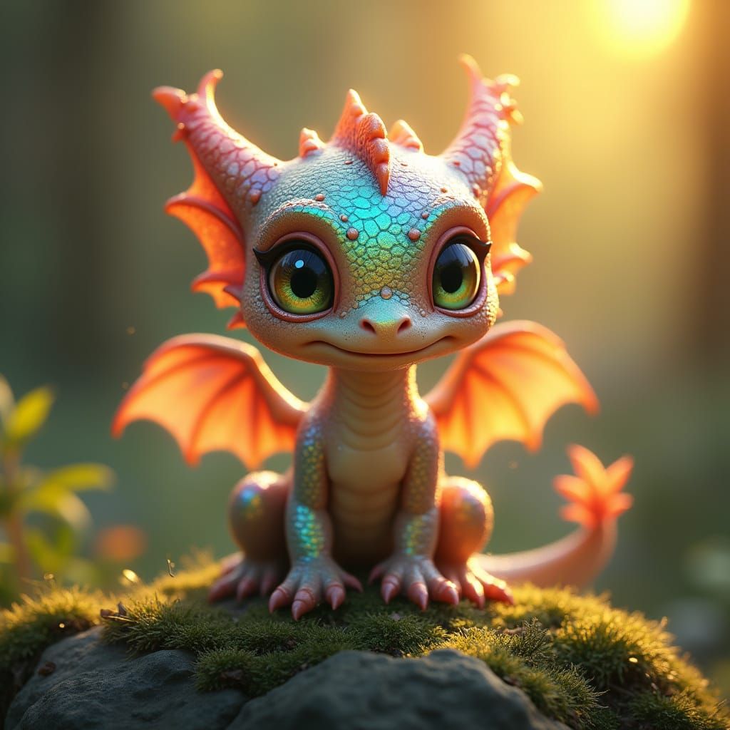Cute Baby Dragon With Rainbow Mirrored Scales