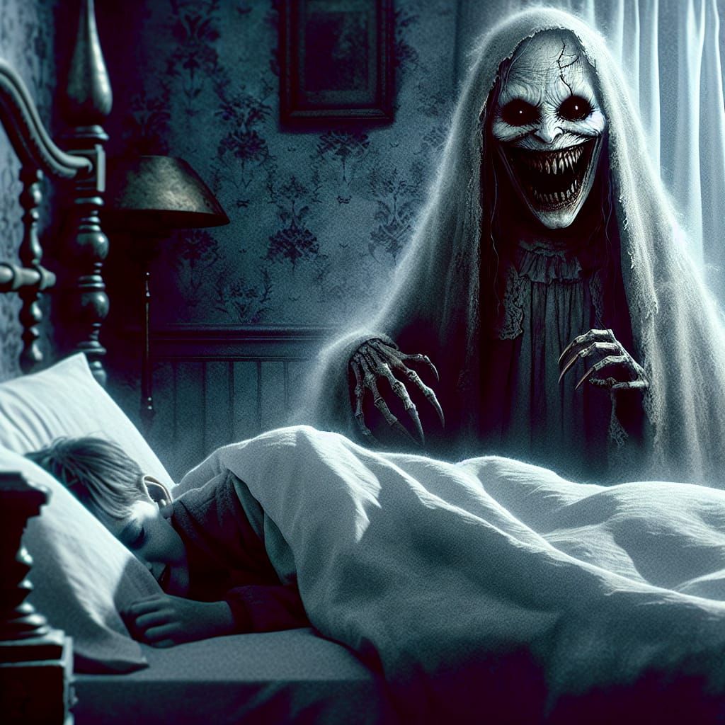 Eerie Grinning Ghost Disturbing Sleeping Child
