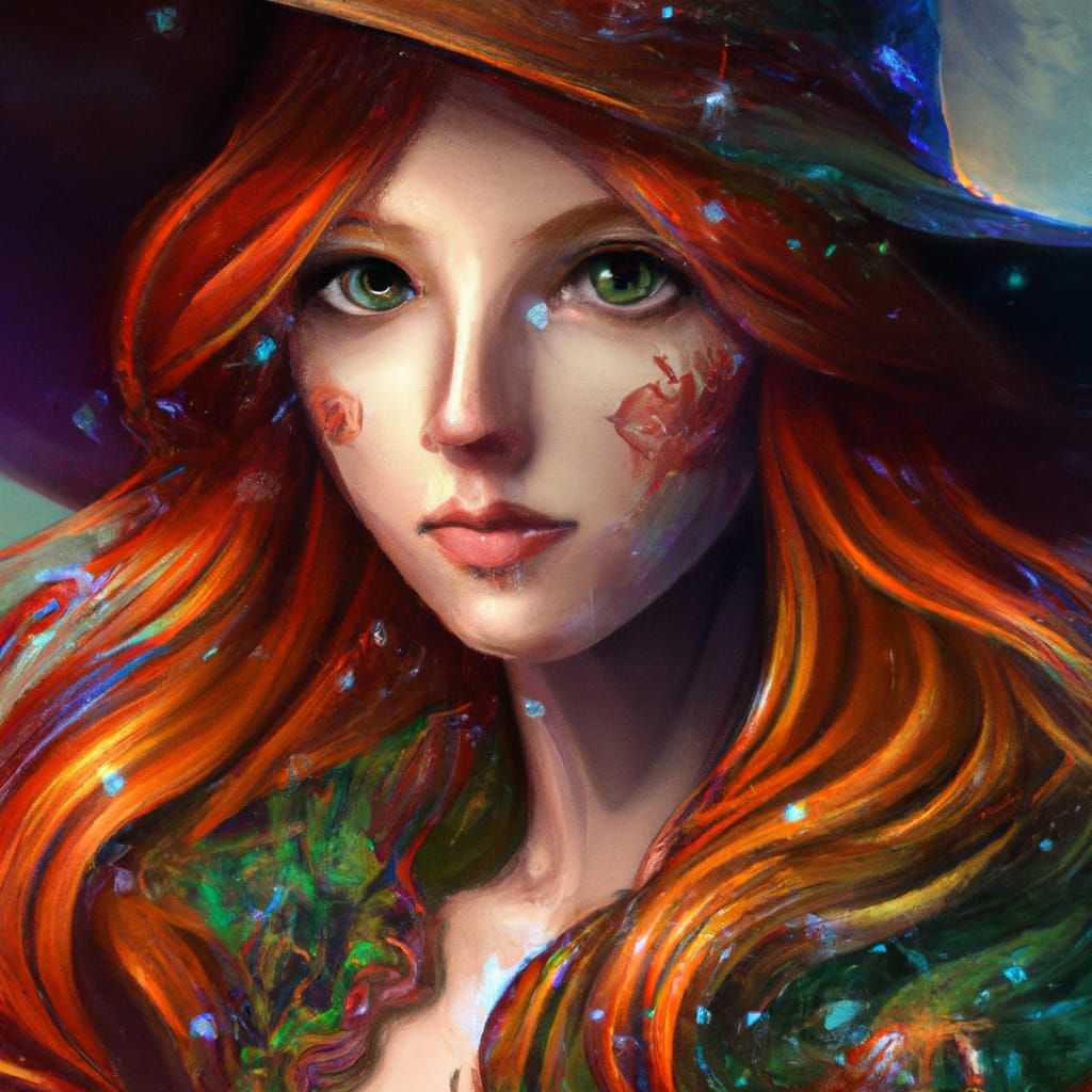 Red-Haired Witch Portrait in Art Nouveau Style
