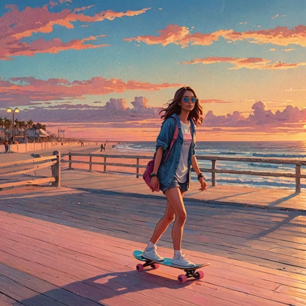 Girl on Skateboard at Sunset: Caricature