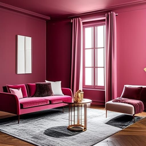 Luxurious wine red loft Apartment with wine red walls with Rosy pink accents& Rose gold accents& Rose gold windows with ...