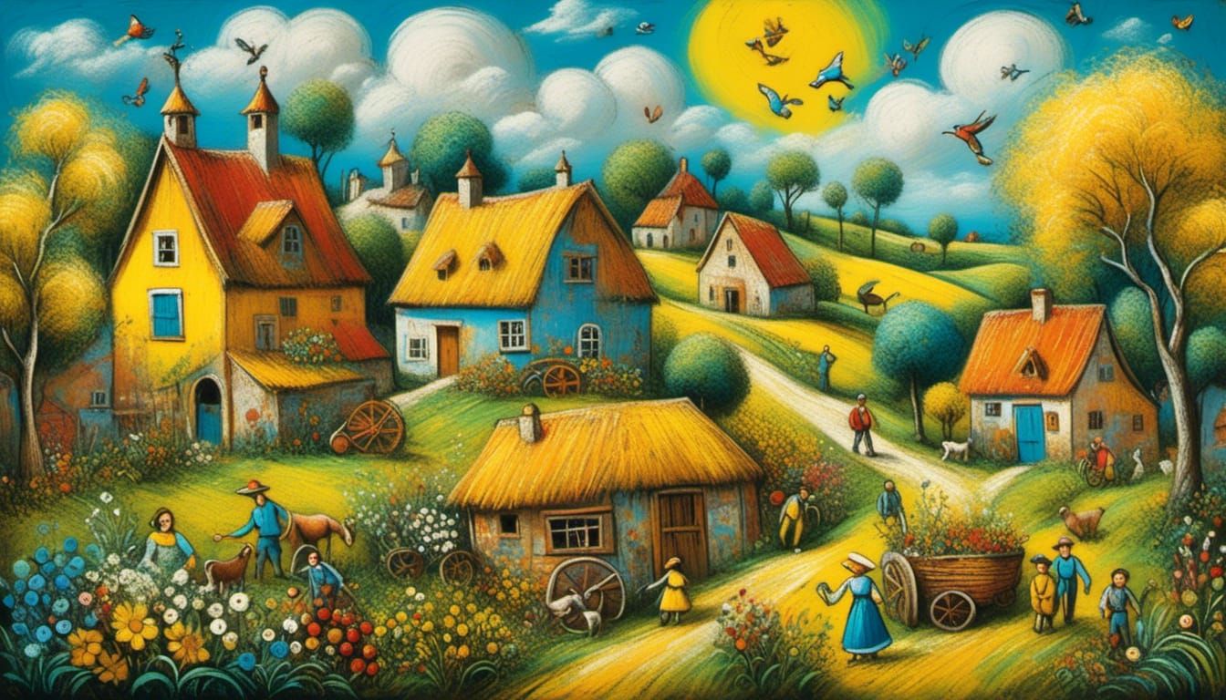 Naive Folk Art Winkie Country Landscape
