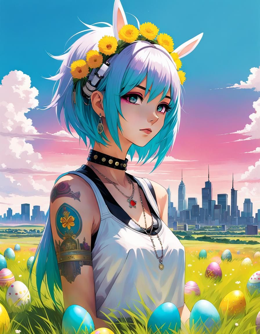 Emo Punk Easter Princess in Solarpunk City: Anime Illustrati...