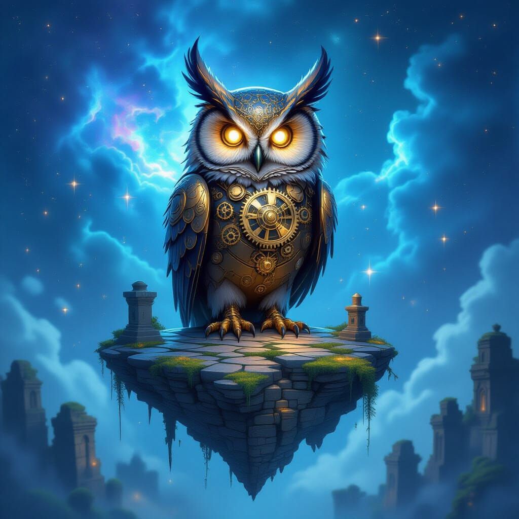 Clockwork Owl on Floating Island in Nebula