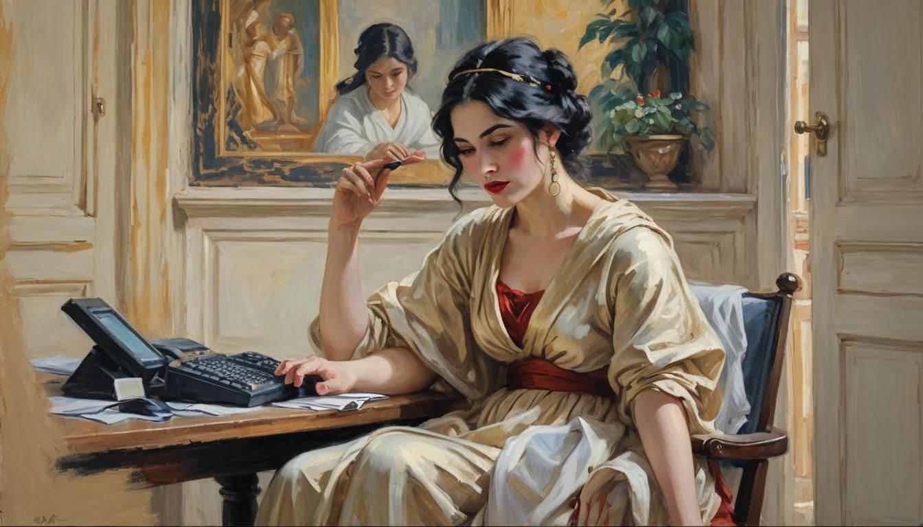 Ancient Roman Woman at Computer, Impressionist Painting