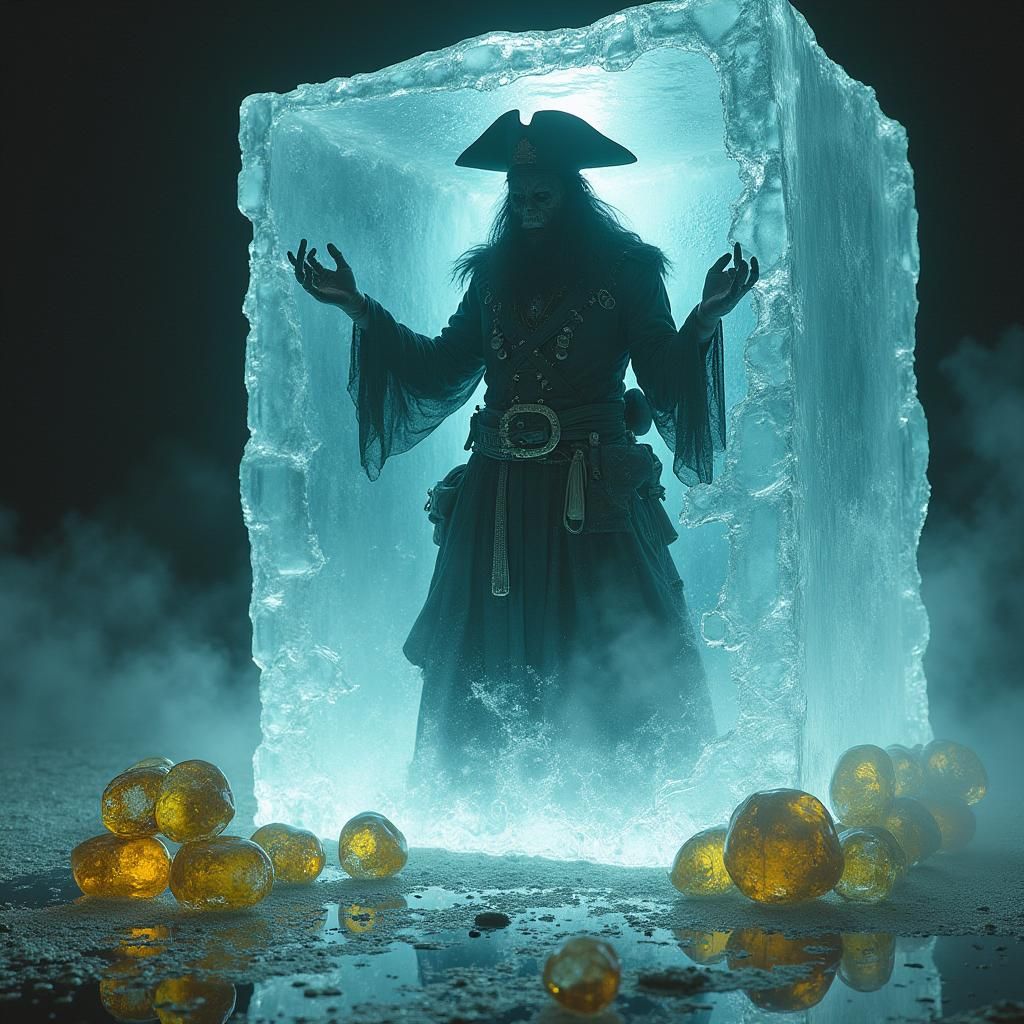 glass, ice, clear, ghost, pirate, spooky, gold, contrast, horror