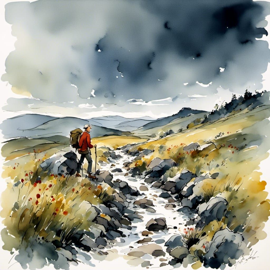 Gloomy Moor Landscape with Solitary Hiker