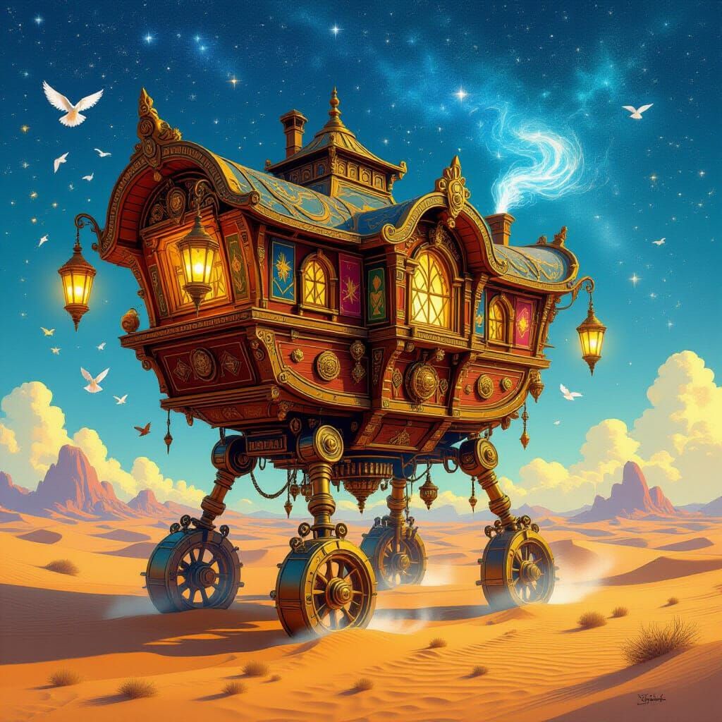 Whimsical Wizard's Caravan in Star-Filled Desert