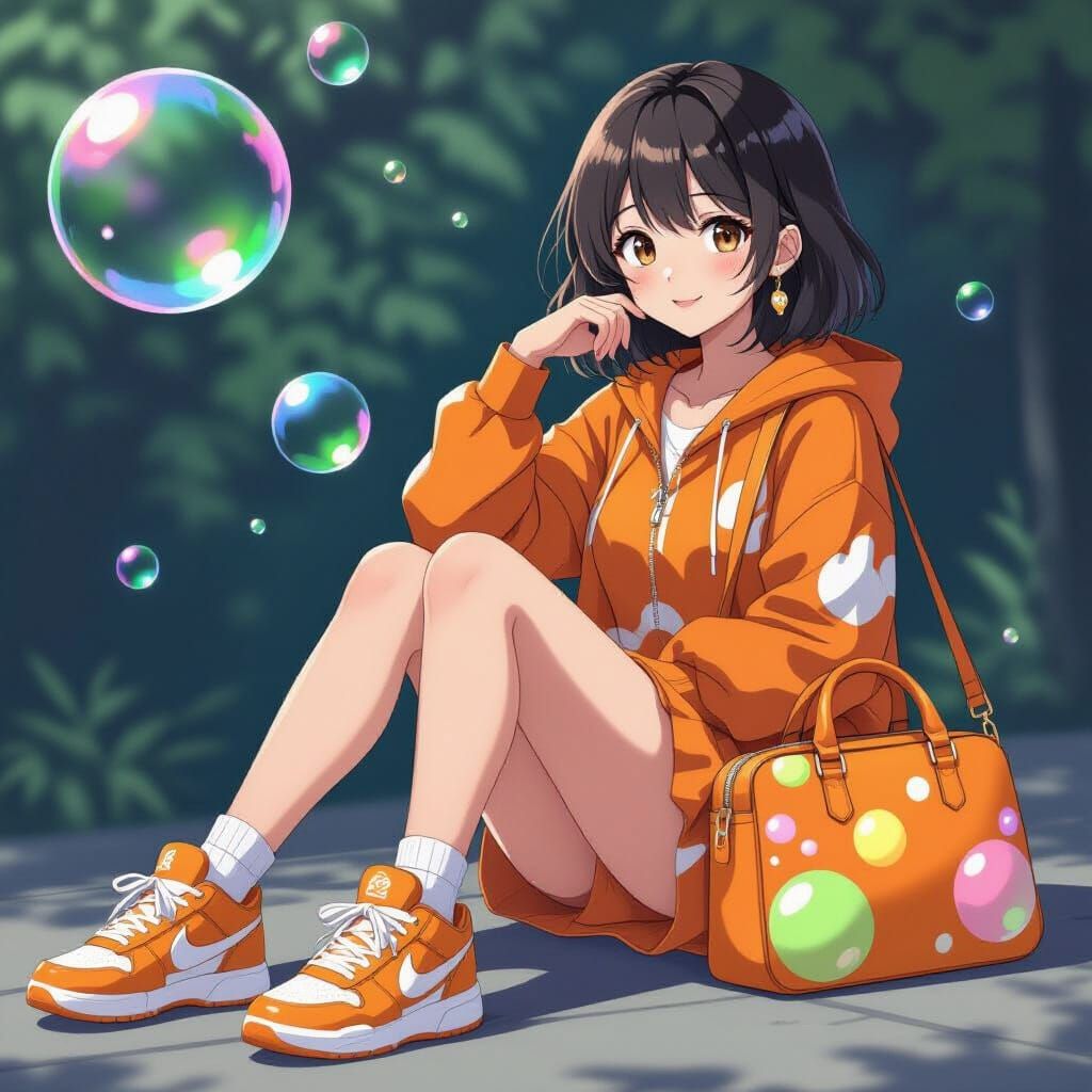 Anime Woman in Orange Outfit with Bubbles