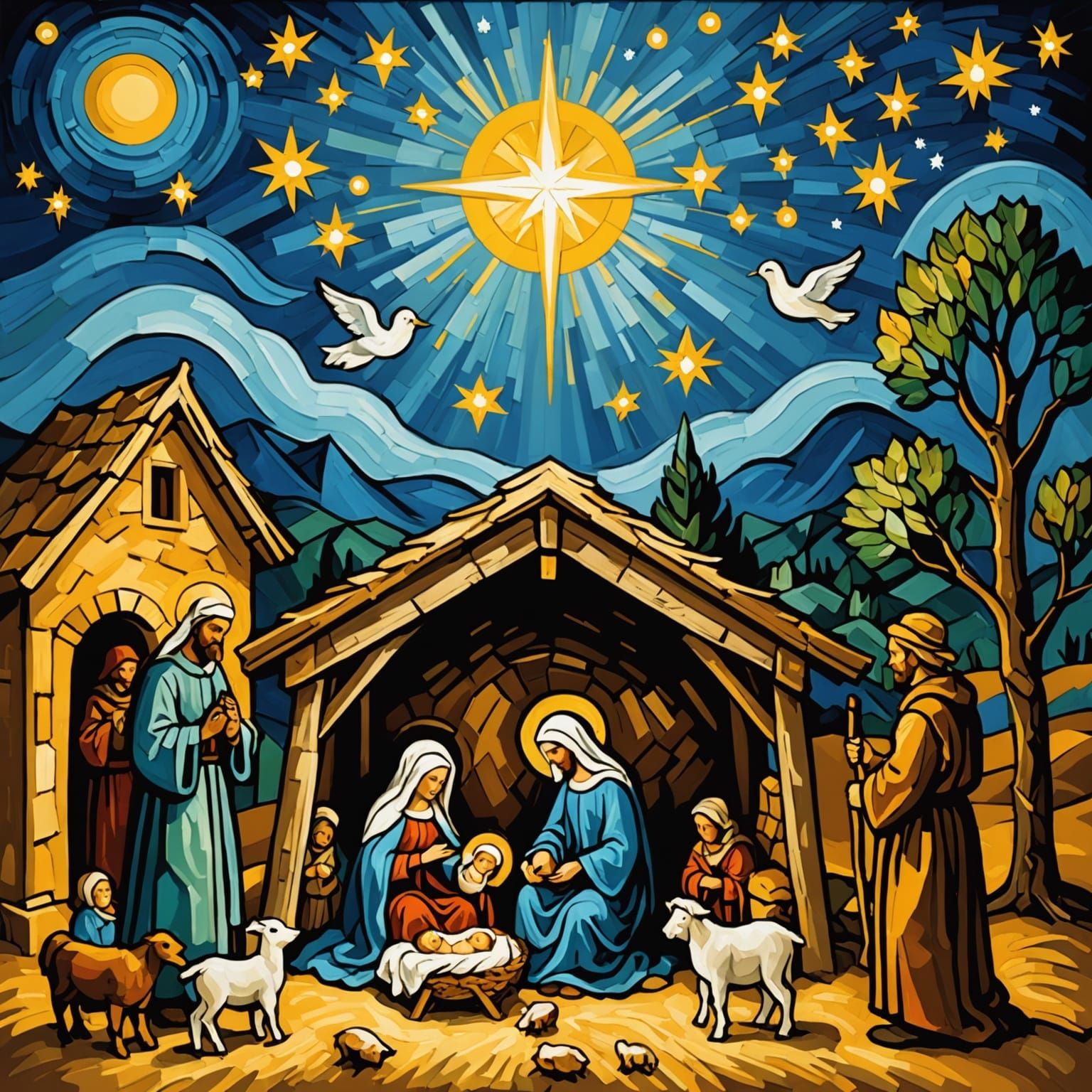 Vibrant Starry Night Nativity Scene