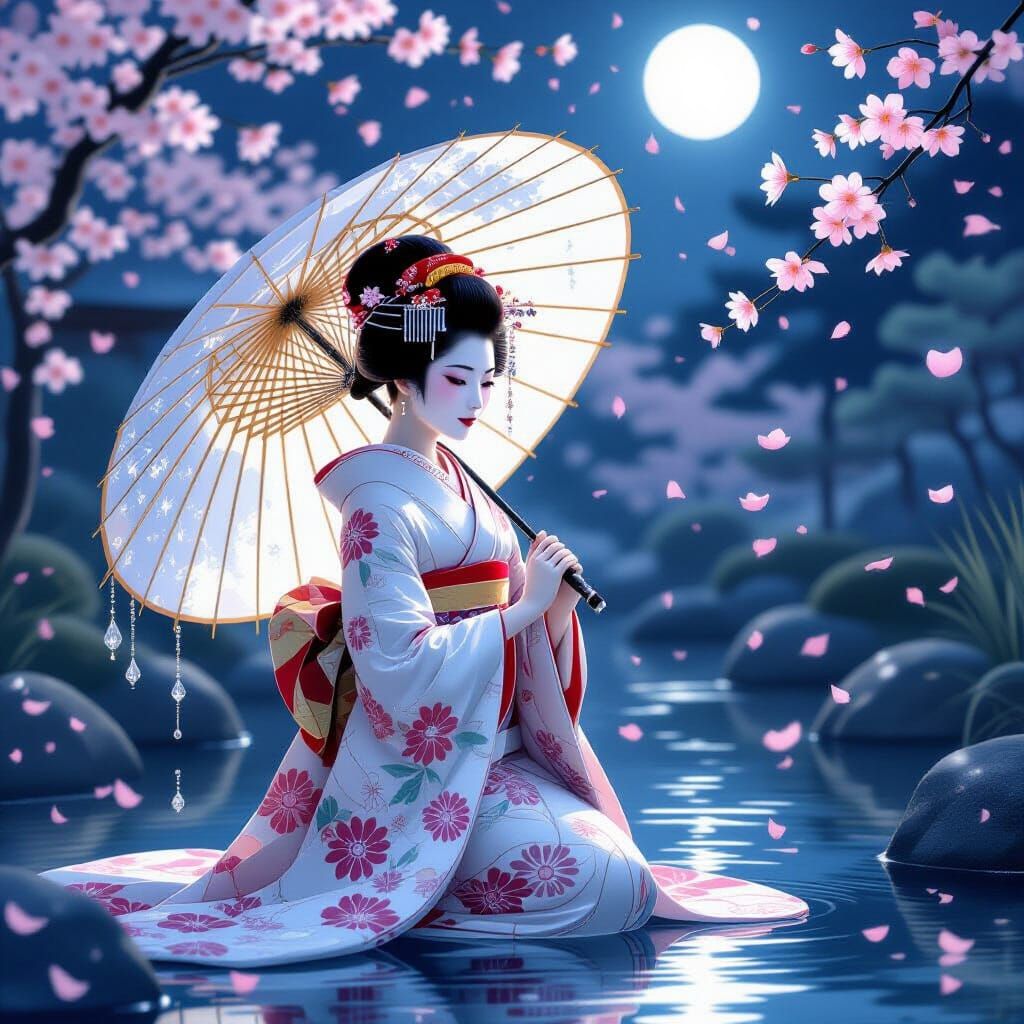 Geisha in Glass Kimono Under Moonlight