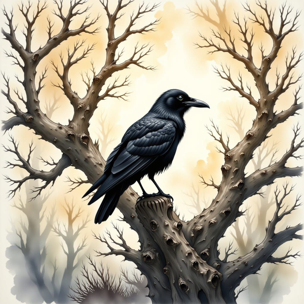 Raven in Black and White Watercolour Style