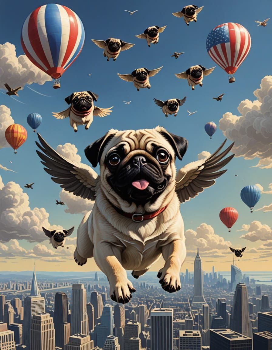 Flying Pugs in American Gothic Style