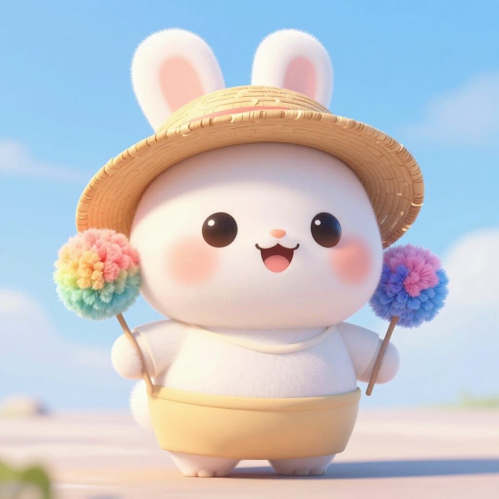 Adorable Pompom Rabbit Animation Character in Summer Attire