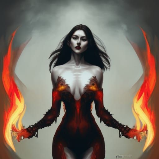 Female fire demon with fire completely her whole body& Red Flames& gothic vibes& demonic vibes& fire element vibes